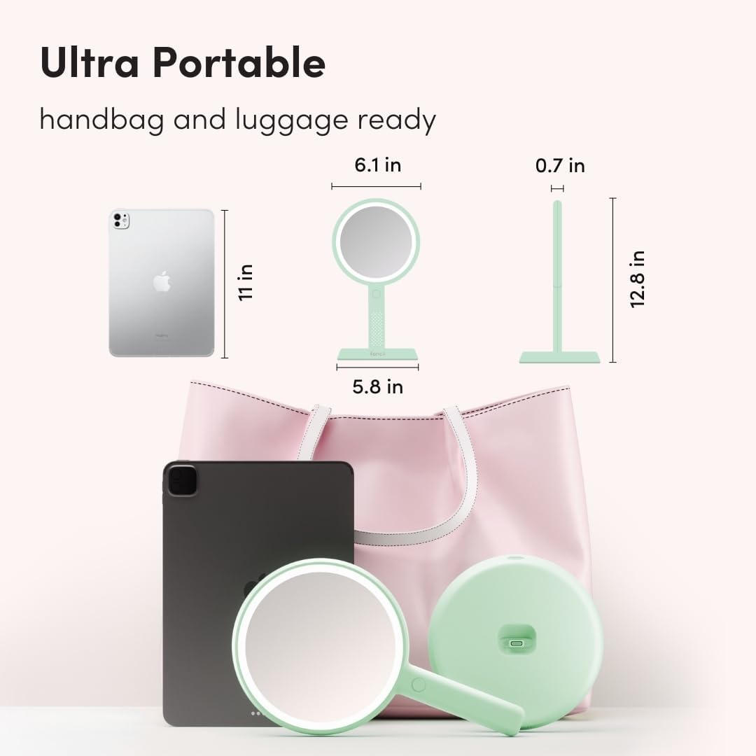 Fancii Cami Handheld Travel Makeup Mirror with Lights, Rechargeable, Extra Large, Double Sided 5X / 1X Magnifying Mirror - 3 Color Lighting, Handheld or Vanity (Pistachio)