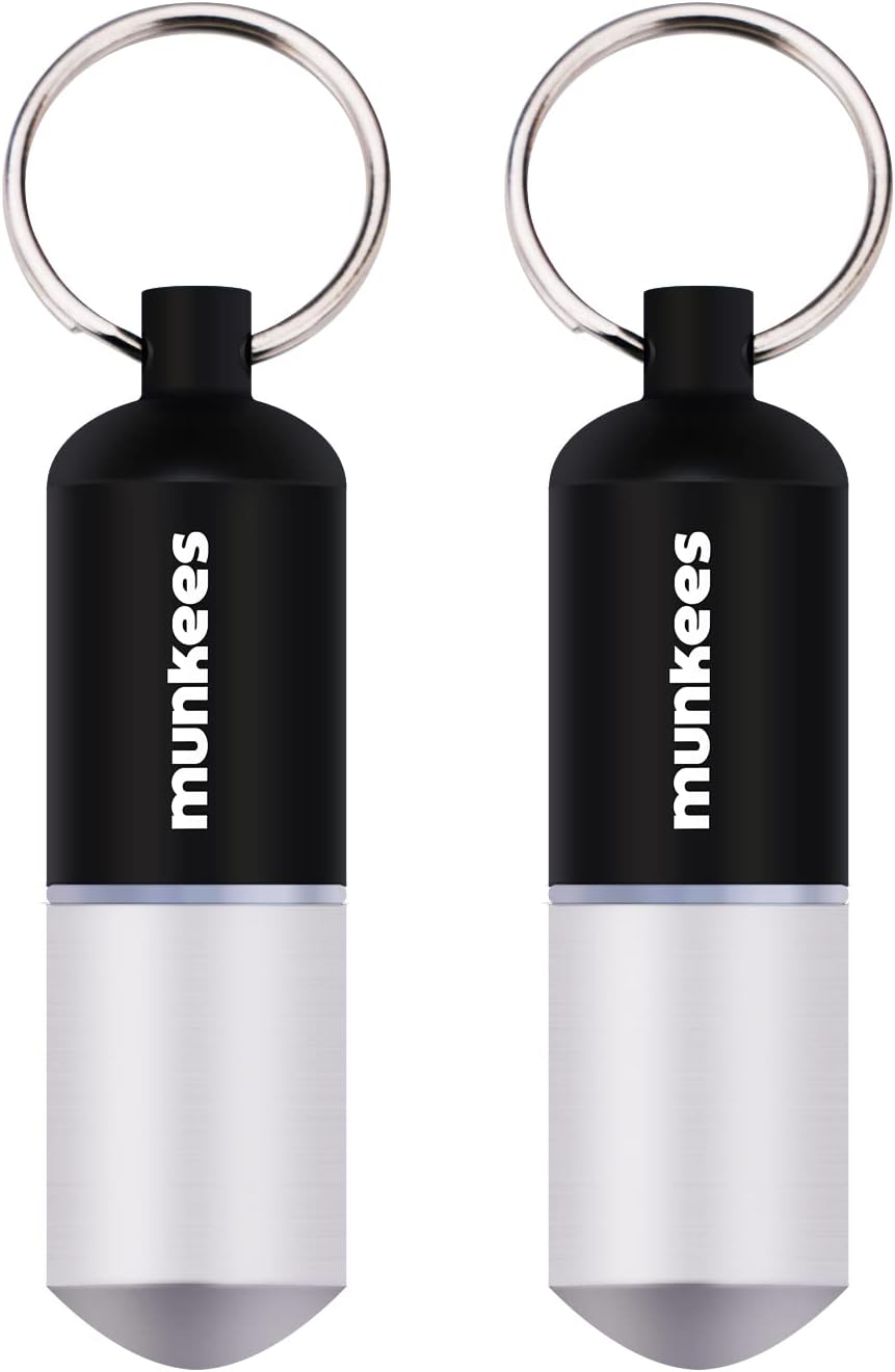 munkees Portable Pill Case Small Waterproof Capsules EDC Keychain, Travel Pill Bottle for Camping, Hiking, Backpacking, Compact Valuables Container for Outdoors 2-Pack