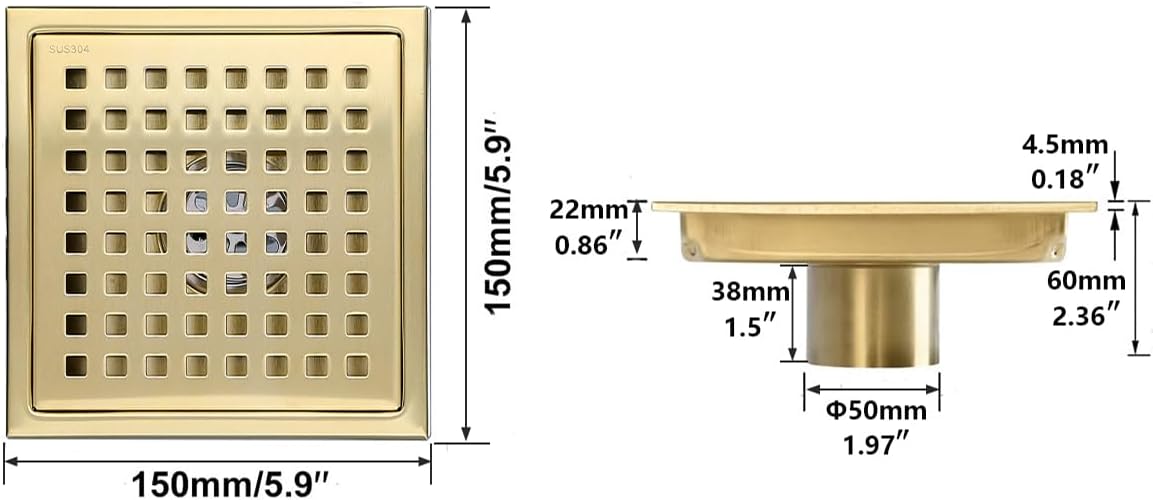 RANDOM Brushed Gold Shower Drain Square 6 Inch Shower Floor Drain with Grid Grate & Removable Hair Strainer 304 Stainless Steel Shower Drain Cover Bathroom Accessories.98738BG
