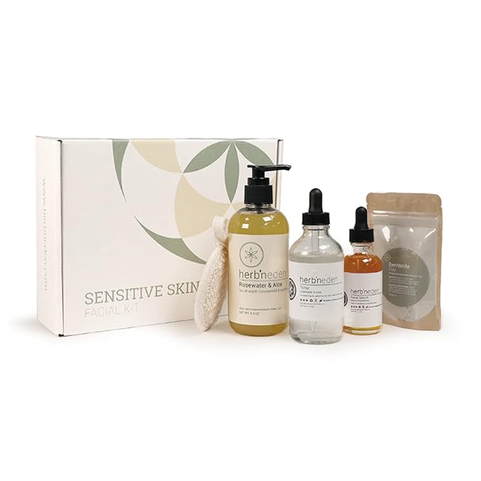 Herb’N Eden - Sensitive Skin Facial Kit - Cleanse, Mask, Tone, & Moisturize - Natural Ingredients & Essential Oils - Made in USA - 5 Product Set includes Wash, Toner, Serum, Mask, Sisal