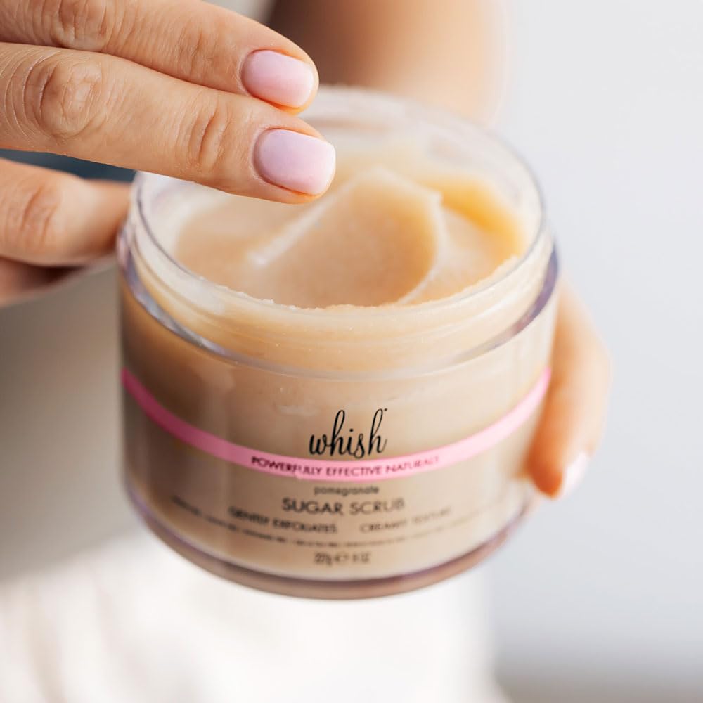 Whish Beauty Pomegranate Exfoliating Sugar Scrub - Body Scrub for Women - Brown Sugar Exfoliator with Raspberry, Aloe, & Shea Butter - Gentle on All Skin Types - Paraben & Sulfate Free - 8 oz