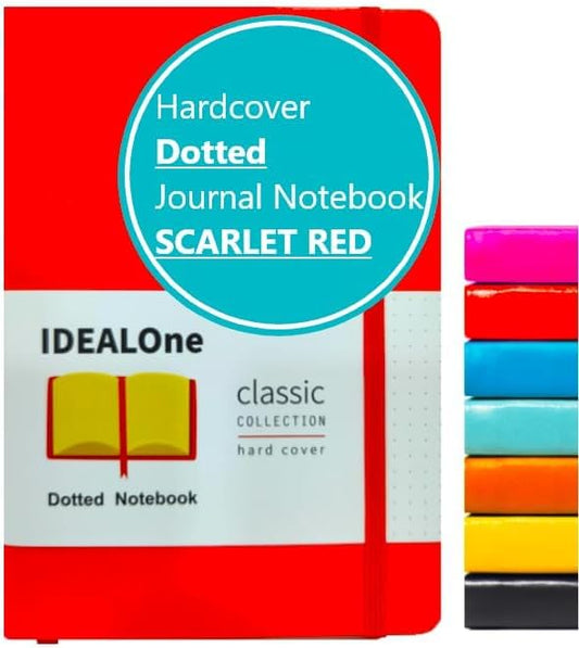 IDEALOne Dotted Hardcover Leather Notebook Journal – Work, Home, School, 5.7 x 8 inches, 7mm wide, 160 Pages, 100GSM, with Elastic Band and Ribbon Bookmark (Scarlet Red, Single)