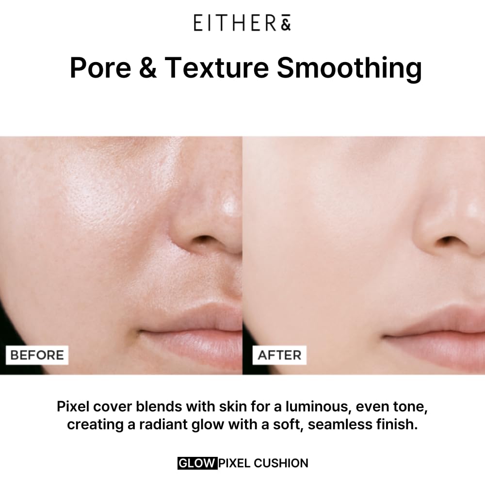 EITHER& Glow Pixel Cushion Foundation, Glowy Skincare, Korean Makeup, Natural Coverage, Moisturizing, Lightweight, Long Lasting Coverage for Flawless Skin (25.5P Tan)