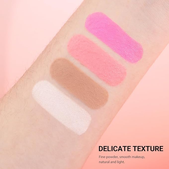 Matte Powder Blush Palette, 4 Colors Face Palette with White Highlighter, Brown Contour, Pink & Rose Pink Blush for Cheeks, Natural Lasting Makeup Palett for Women, Blus and Highlighter Pallet