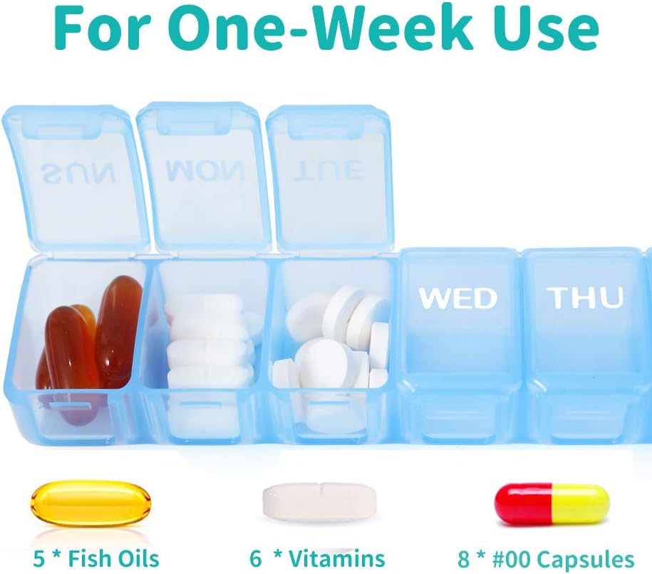 2 Packs Small Weekly Pill Organizer,Pocket Daily Pill Case Pill Box for Pills/Vitamin/Fish Oil/Supplements (Blue)