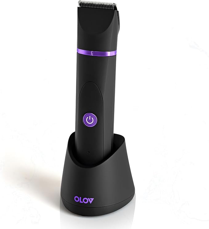 OLOV Electric Body Hair Trimmer - Groin Trimmer for Men - Bikini Trimmer Women - Wet/Dry Shaver Groomer, Replaceable Ceramic Blade Heads, USB Recharge Dock, Waterproof Hygiene Razor, Black Violet