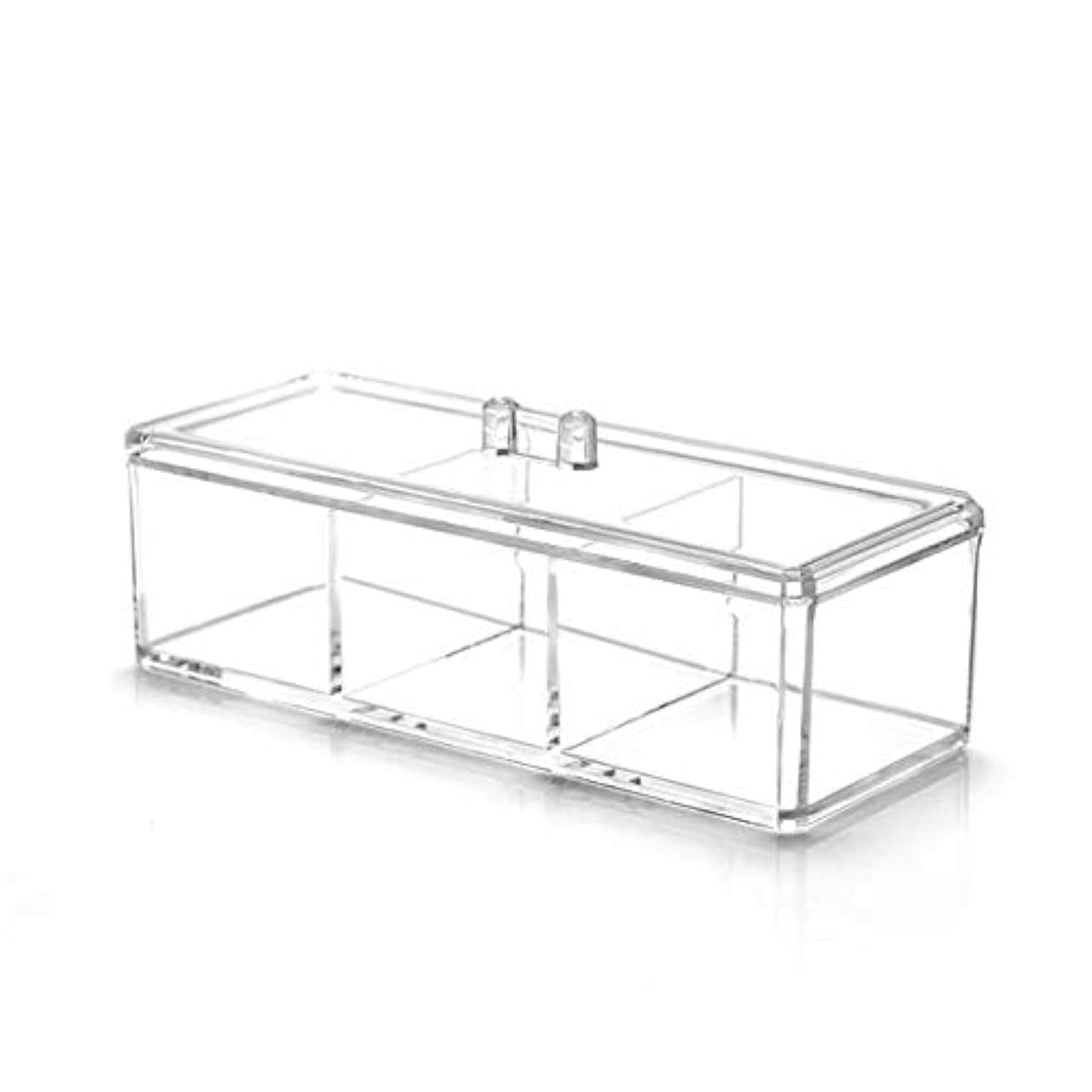Square Acrylic Cotton Ball Pads Gauze Swab Holder Organizer Q-tip Dispenser Storage Canister Bathroom Container Flossers Box Case (9.3x3.7x3 in, 1 Tier, 3 Partitions, Transparent)