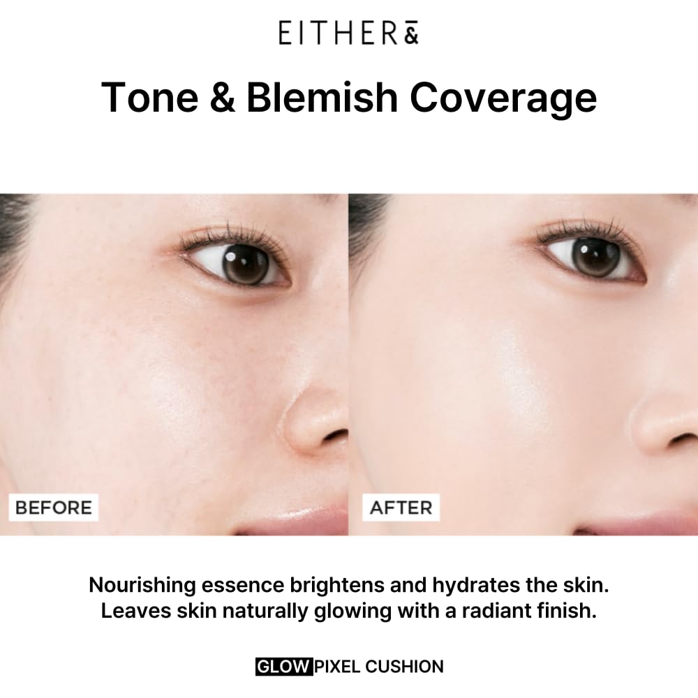 EITHER& Glow Pixel Cushion Foundation, Glowy Skincare, Korean Makeup, Natural Coverage, Moisturizing, Lightweight, Long Lasting Coverage for Flawless Skin (21N Natural)