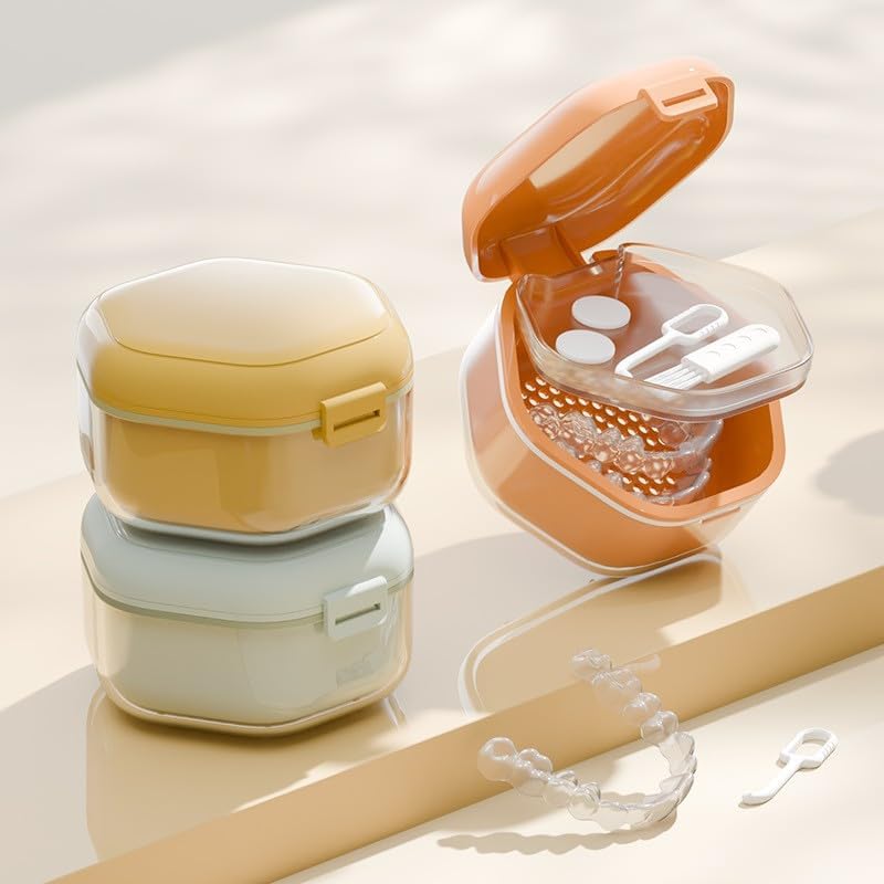 Double-layer Invisible Braces Orthodontic Retainer Storage Box,Retainer Case,Mouth Guard Case,Portable Denture Storage Washable Box with Hook,BPA-Free Teeth Whitening Storage Box (yellow)