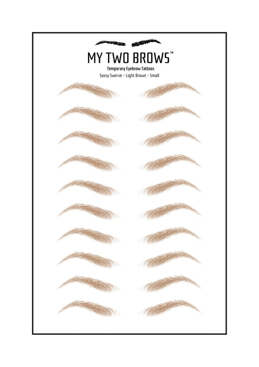 (10 pairs) Light Brown Temporary Eyebrow Tattoo - Small Size - Waterproof & Smudgeproof - Sassy Swerve Style Eyebrow Stickers - Sheet Lasts up to 30 Days - Won't Work on Existing Brows