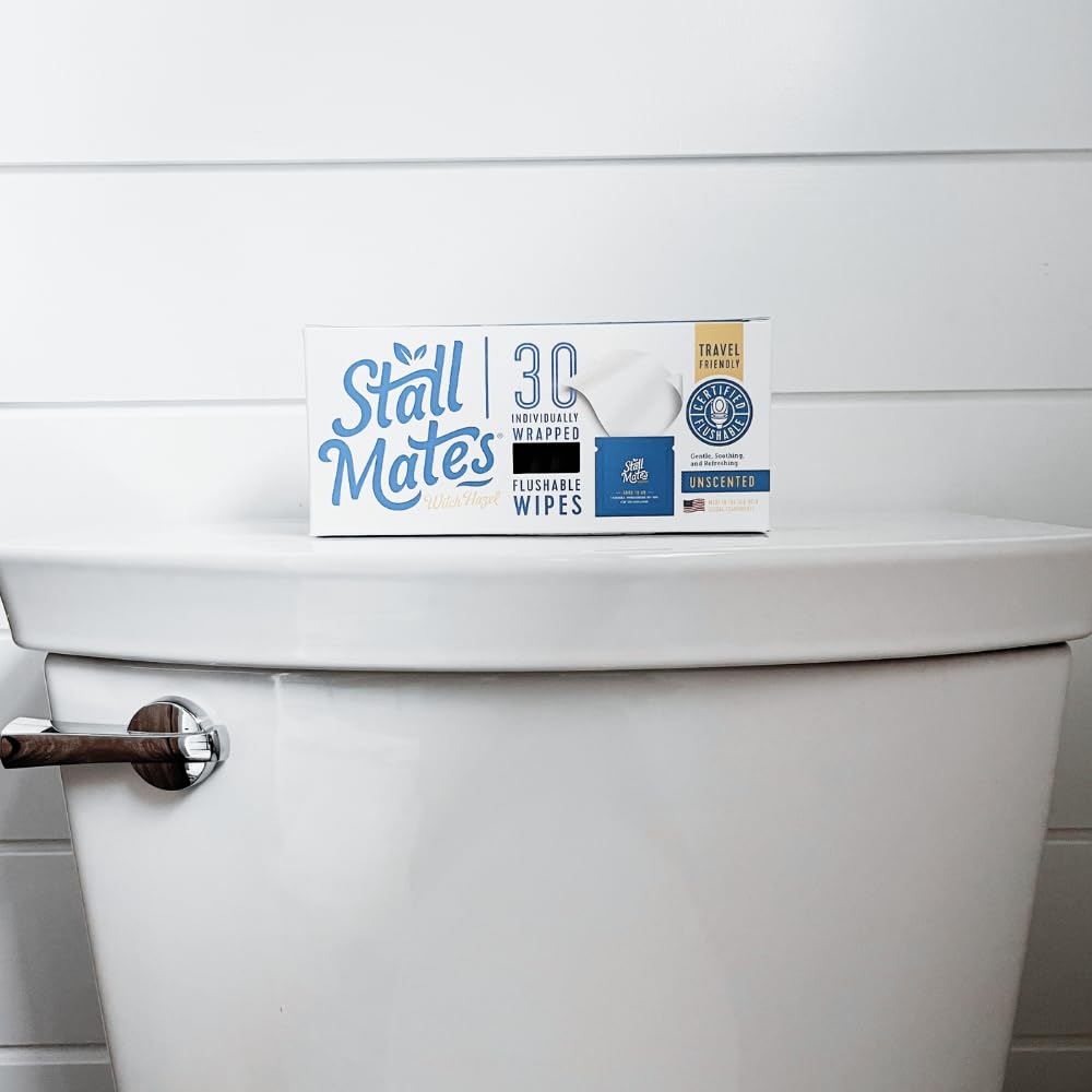 Stall Mates Wipes Witch Hazel: Flushable Wipes | Individually Wrapped | Travel Friendly | Soothing Witch Hazel | Unscented with Cucumber, Aloe and Chamomile | (30 on-the-go singles)