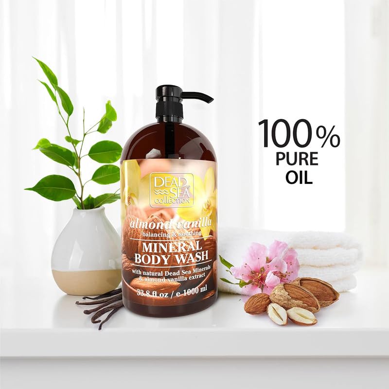 Dead Sea Collection Almond Vanilla Body Wash for Women and Men - with Pure Dead Sea Minerals and Sweet Almond Oil - Cleanses and Moisturizes Skin (33.8 fl. oz)