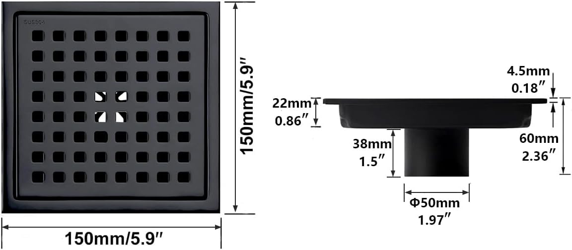 RANDOM Matte Black Square Shower Drain 6 Inch Drain Cover 304 Stainless Steel Floor Drain Grate with Removable Hair Strainer,6" Black Shower Drain