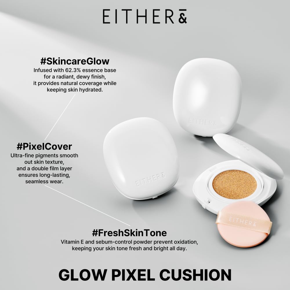 EITHER& Glow Pixel Cushion Foundation, Glowy Skincare, Korean Makeup, Natural Coverage, Moisturizing, Lightweight, Long Lasting Coverage for Flawless Skin (24P Suede)