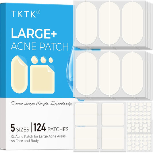 TKTK Large Pimple Patches for Face, 60 x 30 mm XL Acne Patches, Big Hydrocolloid Bandages for Body, Back, Forehead, Chin, Neck Blemish Zit Breakouts (Oval, Square, Dot 5 Sizes 124 Count)