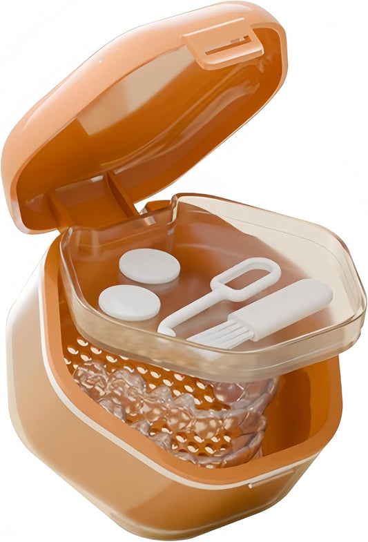 Double-layer Invisible Braces Orthodontic Retainer Storage Box,Retainer Case,Mouth Guard Case,Portable Denture Storage Washable Box with Hook,BPA-Free Teeth Whitening Storage Box (orange)