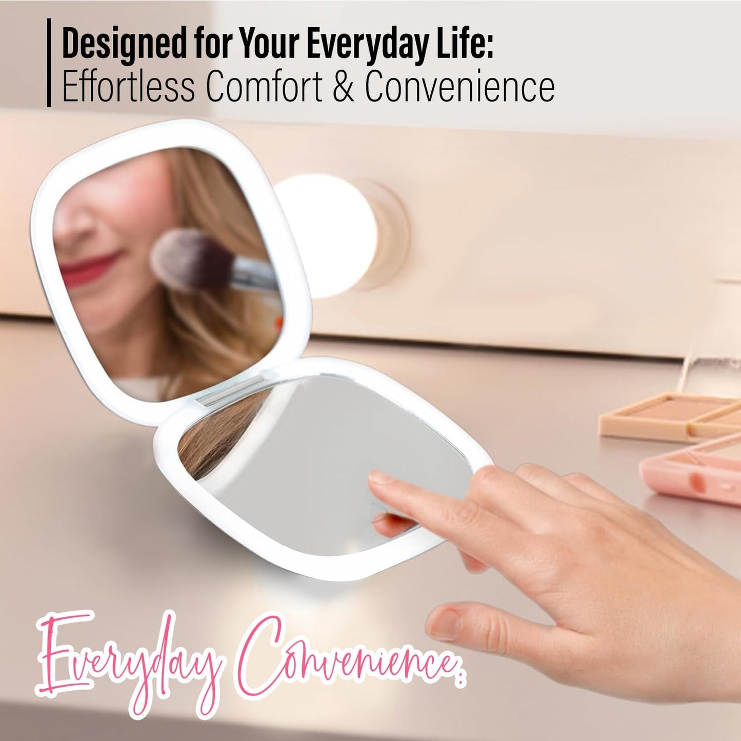 LED Compact Mirror – 1x & 10x Magnification | Travel Makeup Mirror with Adjustable Lighting | Handheld & Pocket-Sized Portable Mirror with Protective Pouch (Pink)