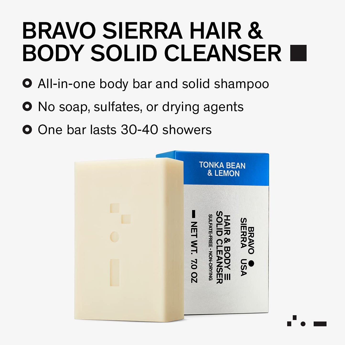 Bravo Sierra Body & Hair All-In-One Soap Bar - Tonka Bean & Lemon, 7 oz - Coconut, Shea Butter and Oat Flour for Soft Skin and Healthy Hair