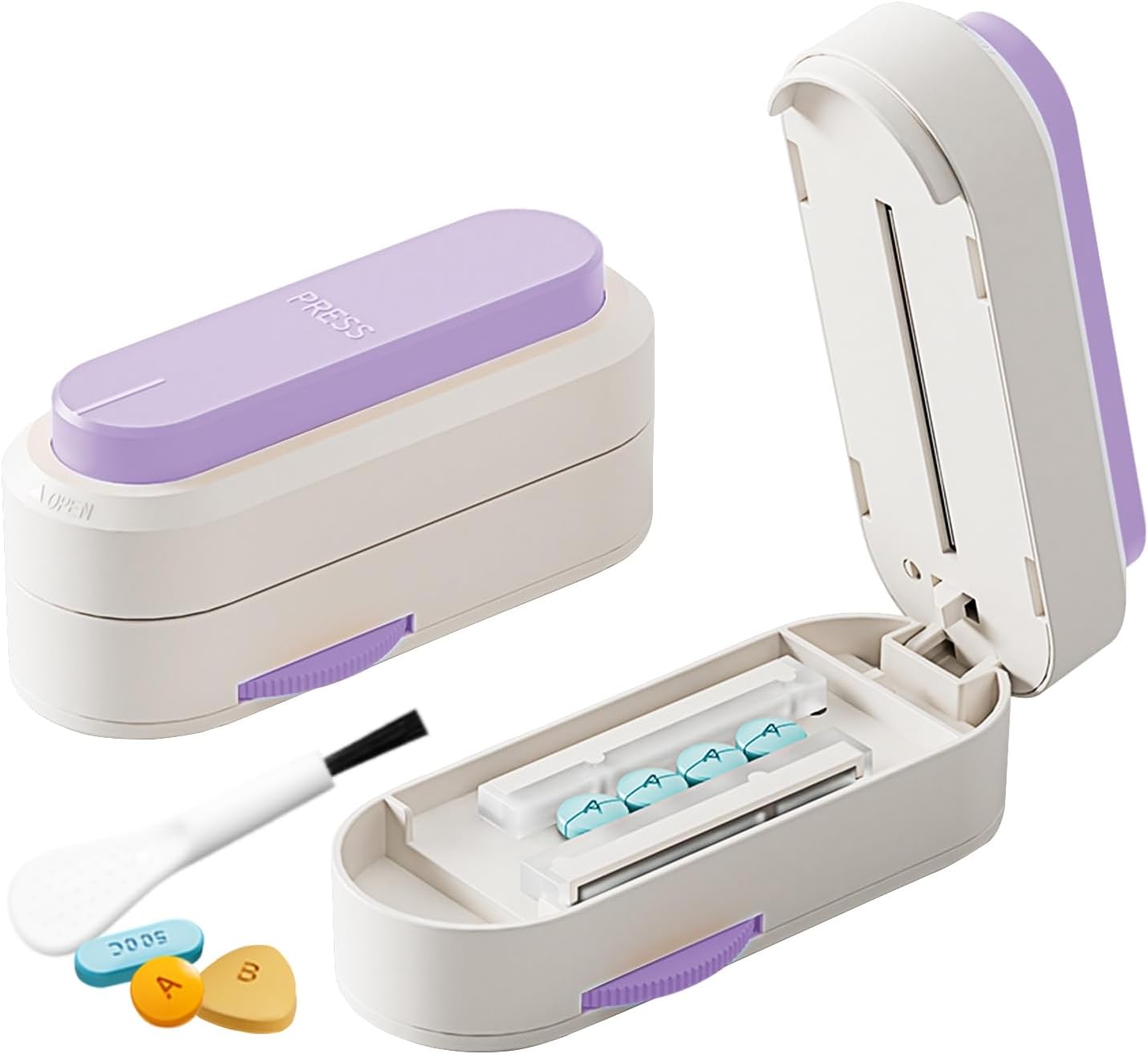 Multiple Pill Cutter - Pill Cutter Splitter for Small Tiny Large Pills Professional | Vertical Press-Down Cutting & Adjustable | Sturdy Blade & Guard | Includes Cleaning Brush (Purple)