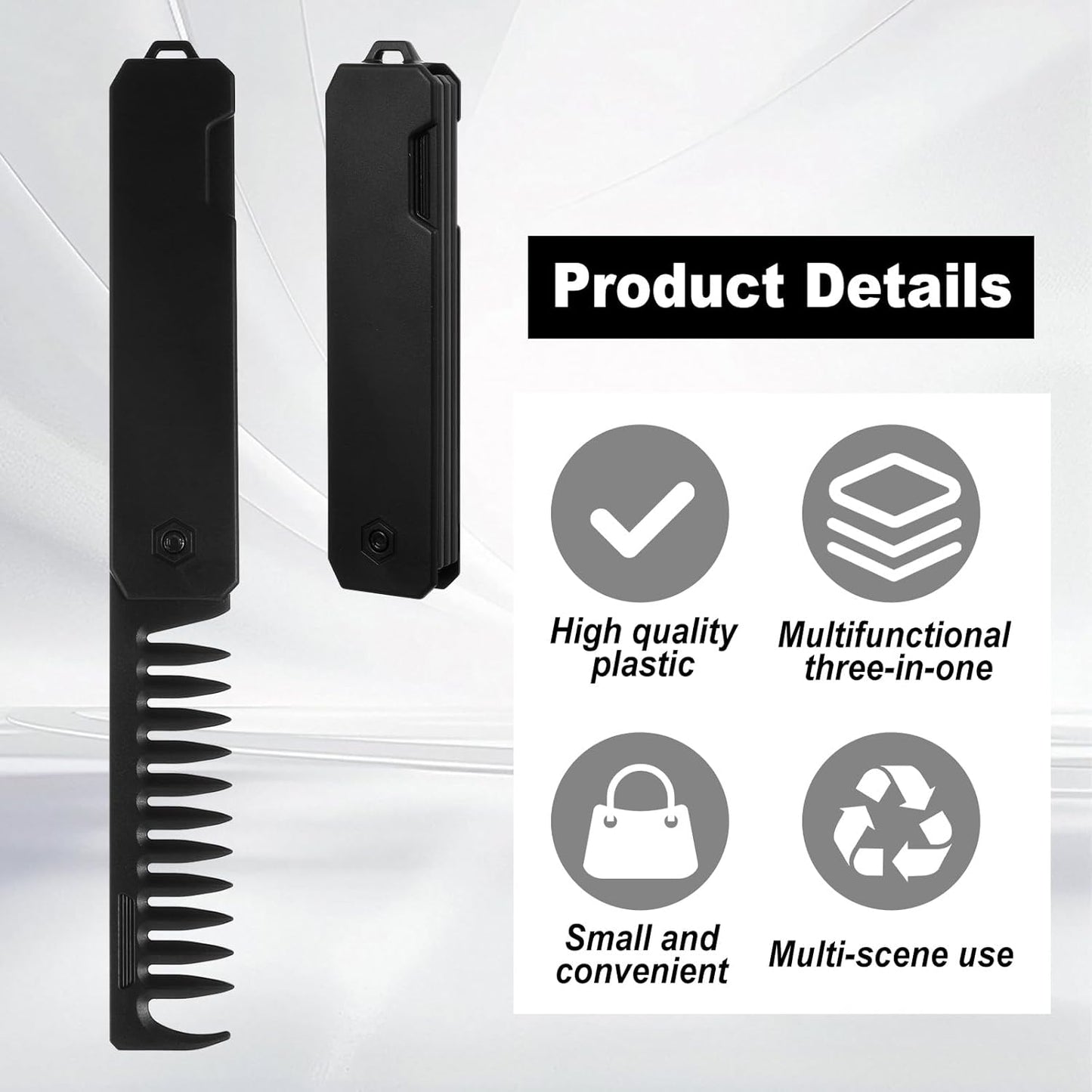Protable Pocket Comb for Men, 3 In 1 Folding Comb, Fine Tooth and Wide Tooth Small Combs for Everyday Grooming, Combing Hair, Beards and Mustaches (Black, Plastic)