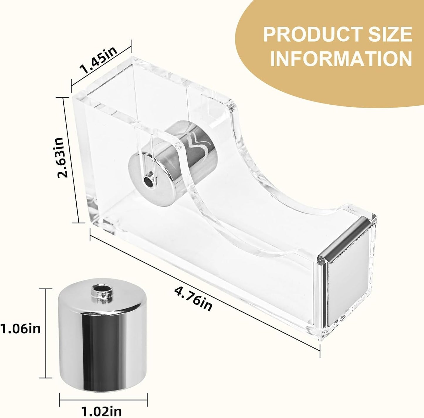 Acrylic Tape Dispenser, Transparent Office Tape Dispenser Desk, Non-Slip Rubber Holder Buttom, Morden Accessory for Stylish Desk at Home, School, Office-Silver