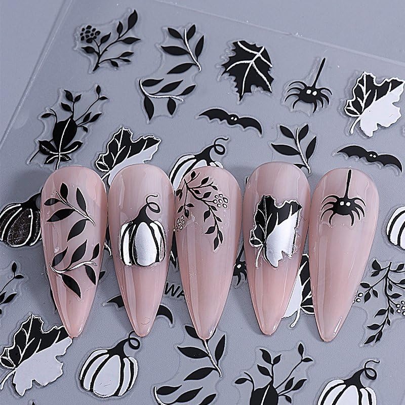 Halloween Nails Stickers Black Fall Leaves Nails Sticker 3D Embossed Silver Gold Pumpkins Self Adhesive Sticker Nail Decals Gold Nail Art Decals Halloween Decals for Nail DIY Manicure 4Sheet