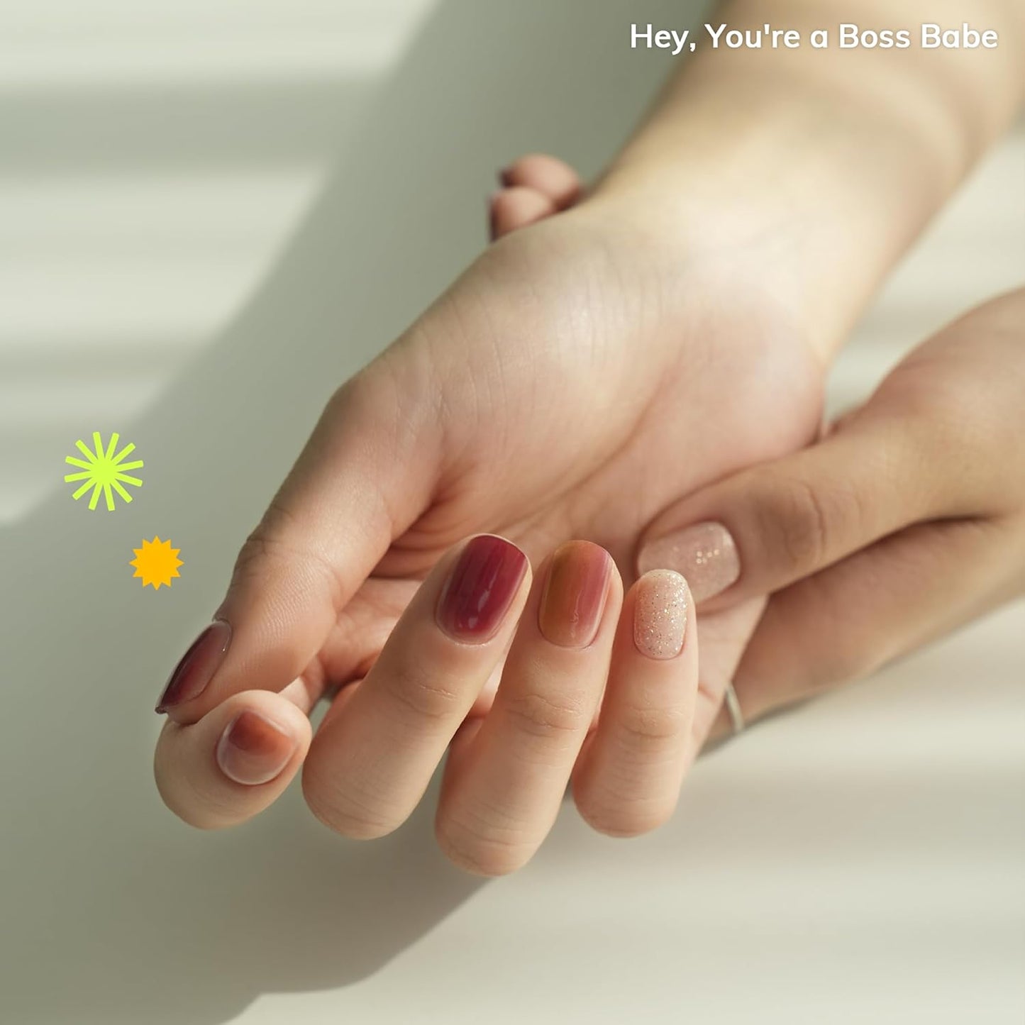 Semi Cured Gel Nail Strips | No LED Lamp Needed | Marble, Red | Easy Apply & Remove, Salon Quality | Includes 28 Strips, 1 Prep Pads, Nail File & Wooden Stick - Hey, You're a Boss Babe