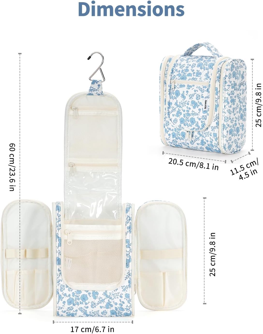 Narwey Hanging Toiletry Bag Women Travel Makeup Bag Organizer Toiletries Bag for Travel Size Essentials Accessories Cosmetics (Medium,Little Blue Flower)