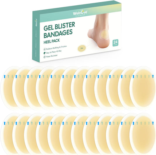 Welnove Gel Blister Bandage - 24 PCS Hydrocolloid Bandages for Prevention & Recovery, Blister Cushions for Heel, Toes & Foot, Blister Bandages for High Heels, Sandals, Wedding, Party (Heel Pack)