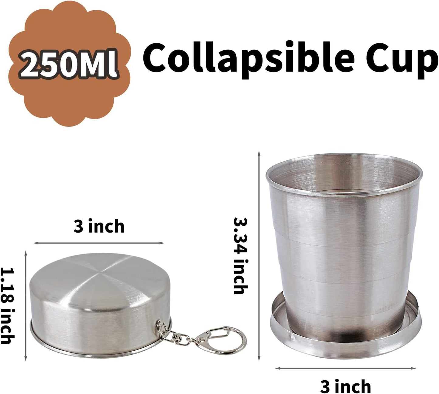 Litoexpe 8.45oz Collapsible Travel Cup With Keychain, Stainless Steel Folding Camping Cup Portable Drinking Mug For Hiking, Picnic and other Outdoor Activities, 250ml