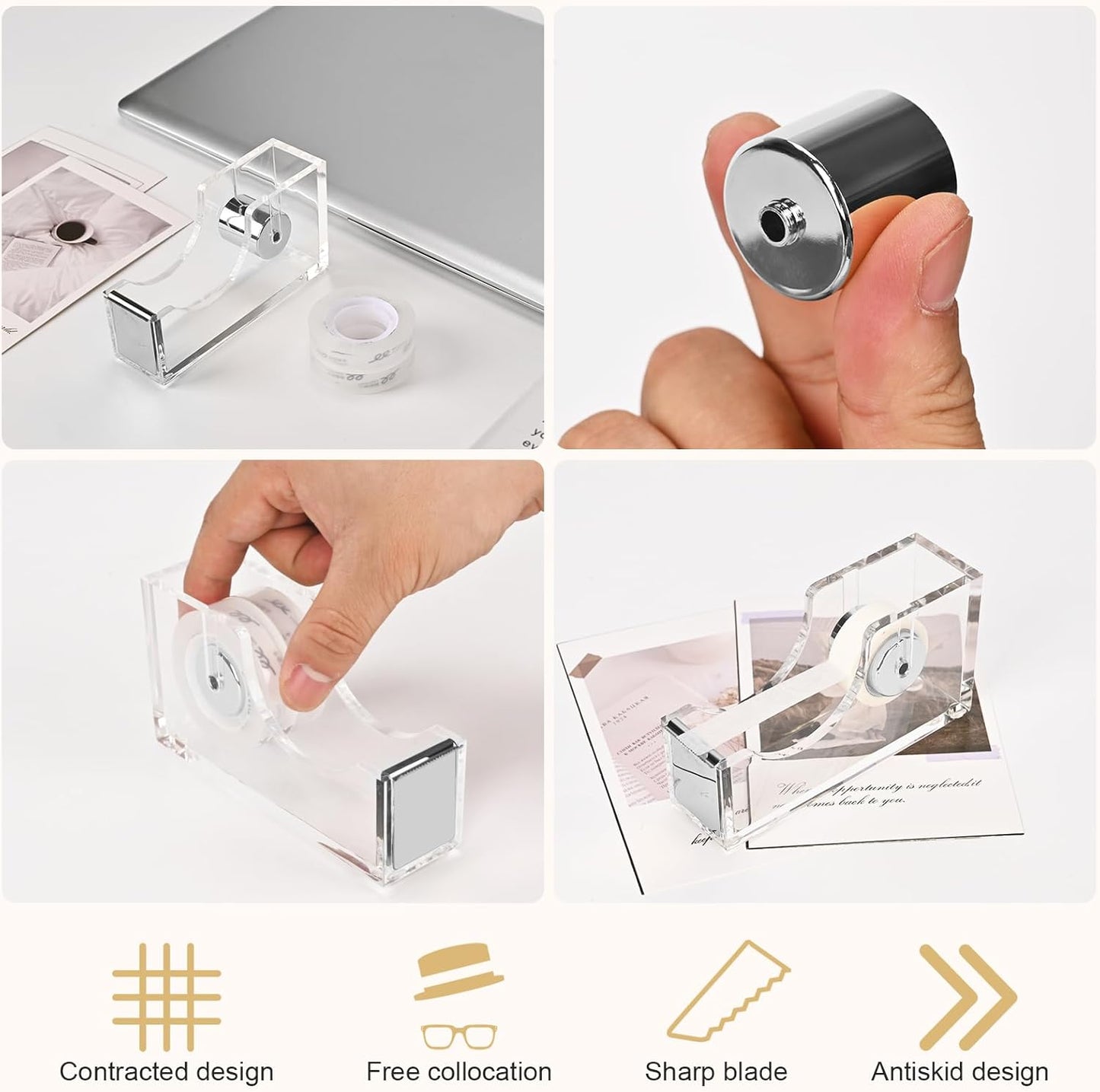 2-Piece Acrylic Office Tape Dispenser, Transparent Tape Dispenser Kit with Non-Slip Rubber Bace, 1 Inch Core Morden Accessory for Stylish Desk at Home, School, Office-Silver