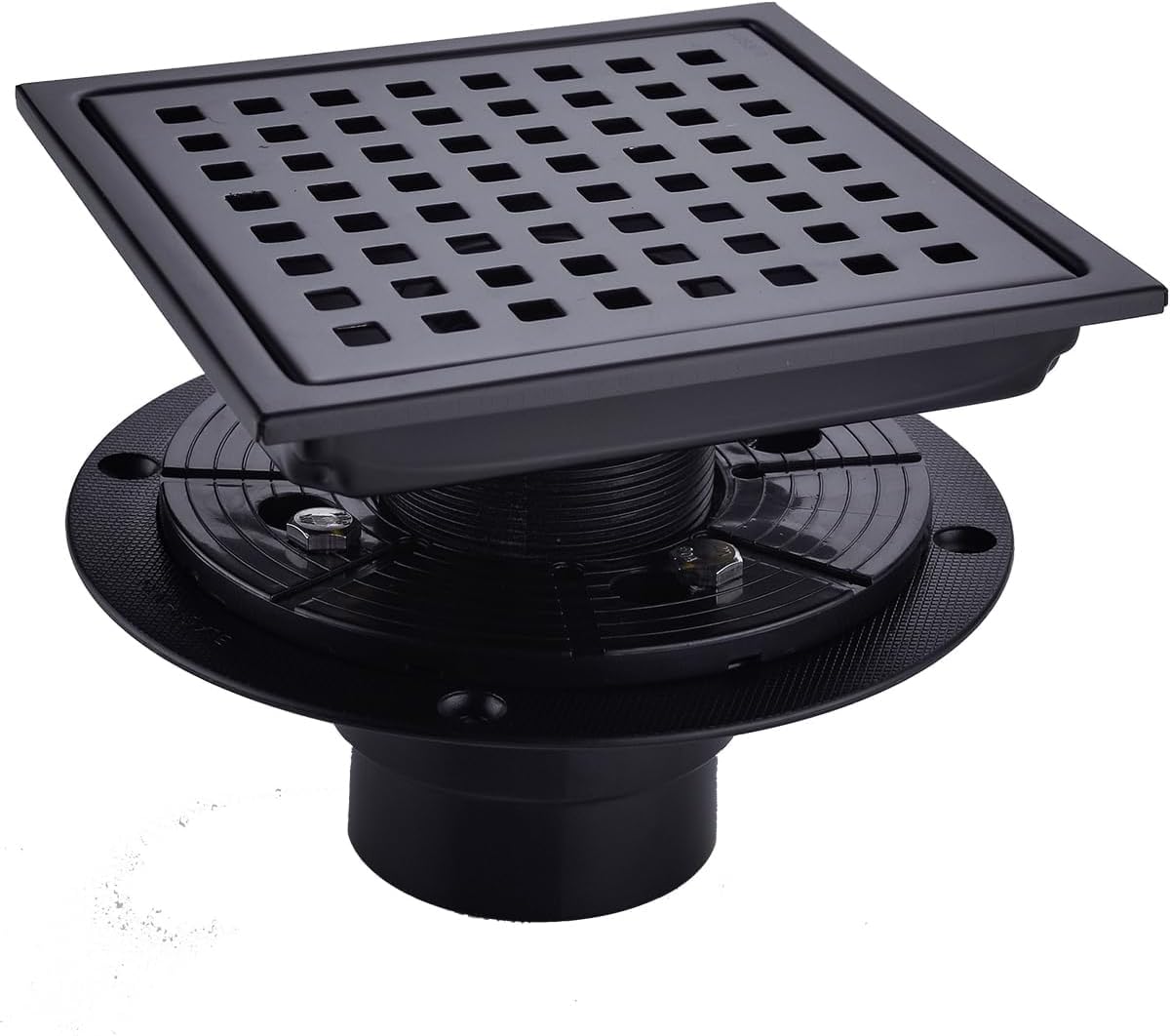 RANDOM Square Shower Drain 6 Inch Matte Black Stainless Steel Shower Floor Drain Kit with Adjustable PVC Base Flange, Removable Grid Grate, Hair Strainer