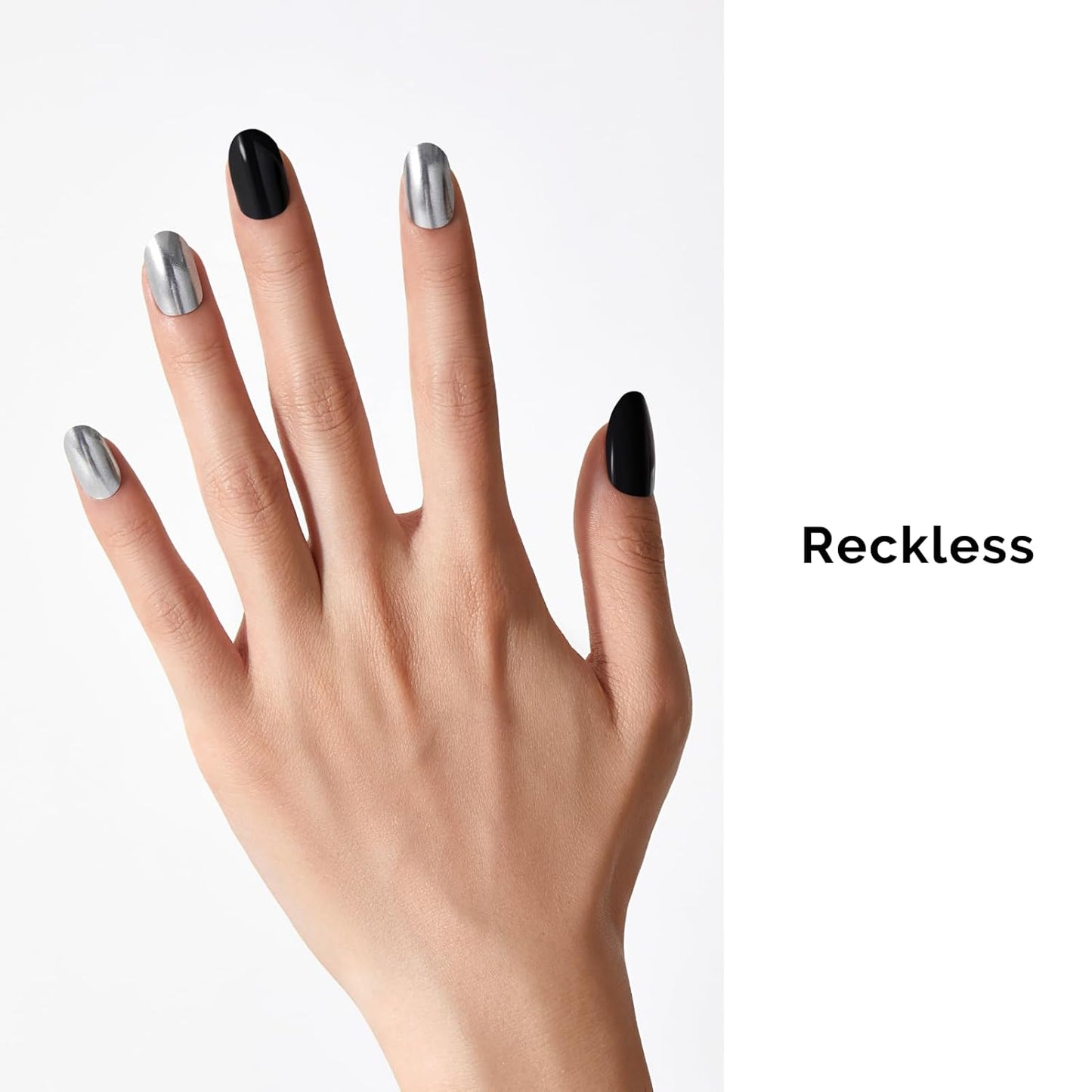 Semi Cured Gel Nail Strips - NAILOG 34 Pcs Silver Black Nail Stickers Extra Long Wraps with Glossy Gel Finishing for Autumn Winter, Reckless