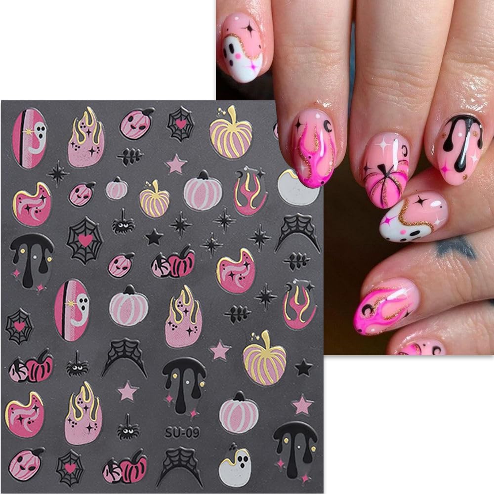 8Sheets Halloween Nail Art Stickers Cute Ghost Pumpkin 3D Self-Adhesive Nail Decals Spider Web Blood Flame Designs Nail Decorations Fall Thanksgiving Nail Supplies for Women DIY Manicure Art