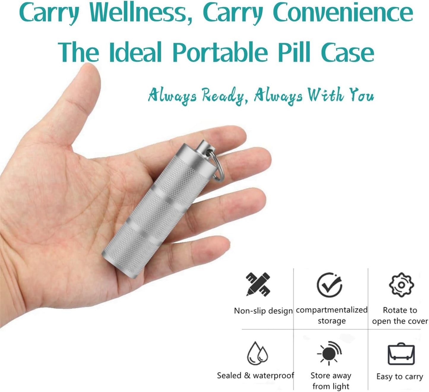 Waterproof Keychain Pill Holder - Compact, Portable, and Secure Pill Box with 3 Compartments - Pocket-Sized Pill Case and Container for Daily Medication on The Go, Sliver