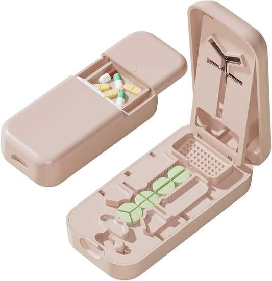 Precision Pill Cutter with Centering Guide - Multi-Angle Tablet Splitter for 1/2, 1/3 & 1/4 Cuts, Includes Pill Crusher & Storage Compartment (Pink)