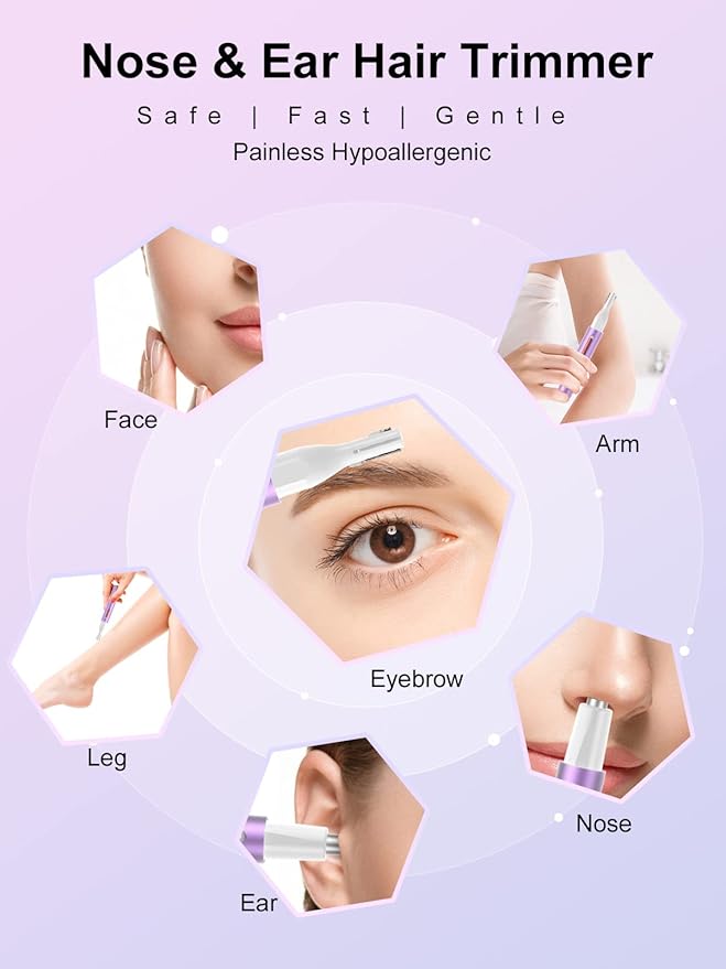 AHHFEI Rechargeable 5 in 1 Ear and Nose Hair Trimmer for Women, 2025 Professional Painless Eyebrow & Facial Hair Trimmer with Powerful Motor and Dual-Edge Blades Easy Cleansing