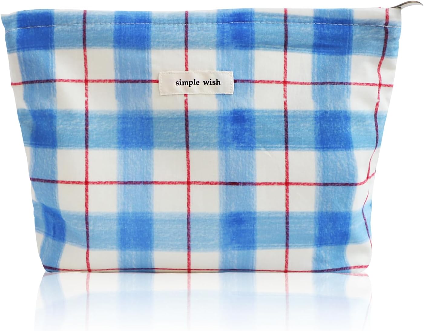 Wudygirl Makeup Bag Canvas Cosmetic Bag for Women Aesthetic Make up Organizer Travel Makeup Pouch Toiletry Bag Cute Zipper Pouch Handbag (Blue White Line)