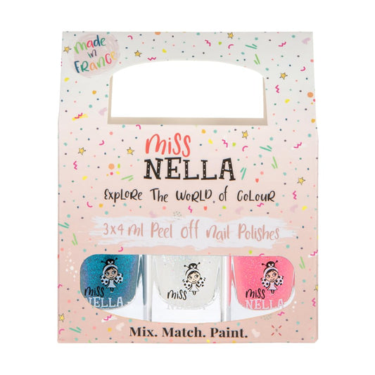 MISS NELLA PARTY COLLECTION 3-3 peel off, odour free, water base glitter nail polishes Pack- Blue The Candles (blue), Confetti Clouds (clear) & Marshmallow Overloud (coral)