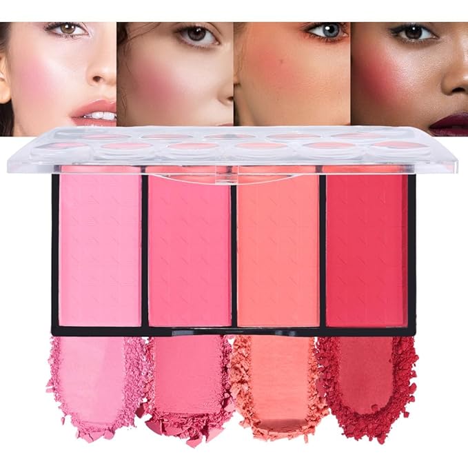 Quads Blush Makeup Palette, Matte Pressed Powder Blushes Palette, Lip & Face Paint Palette for Women, Lasting Light Pink & Hot Pink Peach and Deep Red, Platillo de rubores de cuatro colores