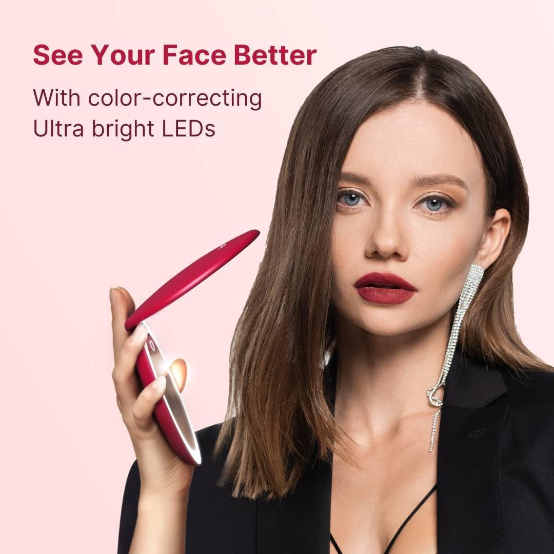 Fancii Taylor LED Lighted Travel Makeup Mirror, Rechargeable, 10x /1x Magnifying, Tru-Glow Light Technology, XL Large 5” Wide | Compact Mirror for Purses (Ruby Red)