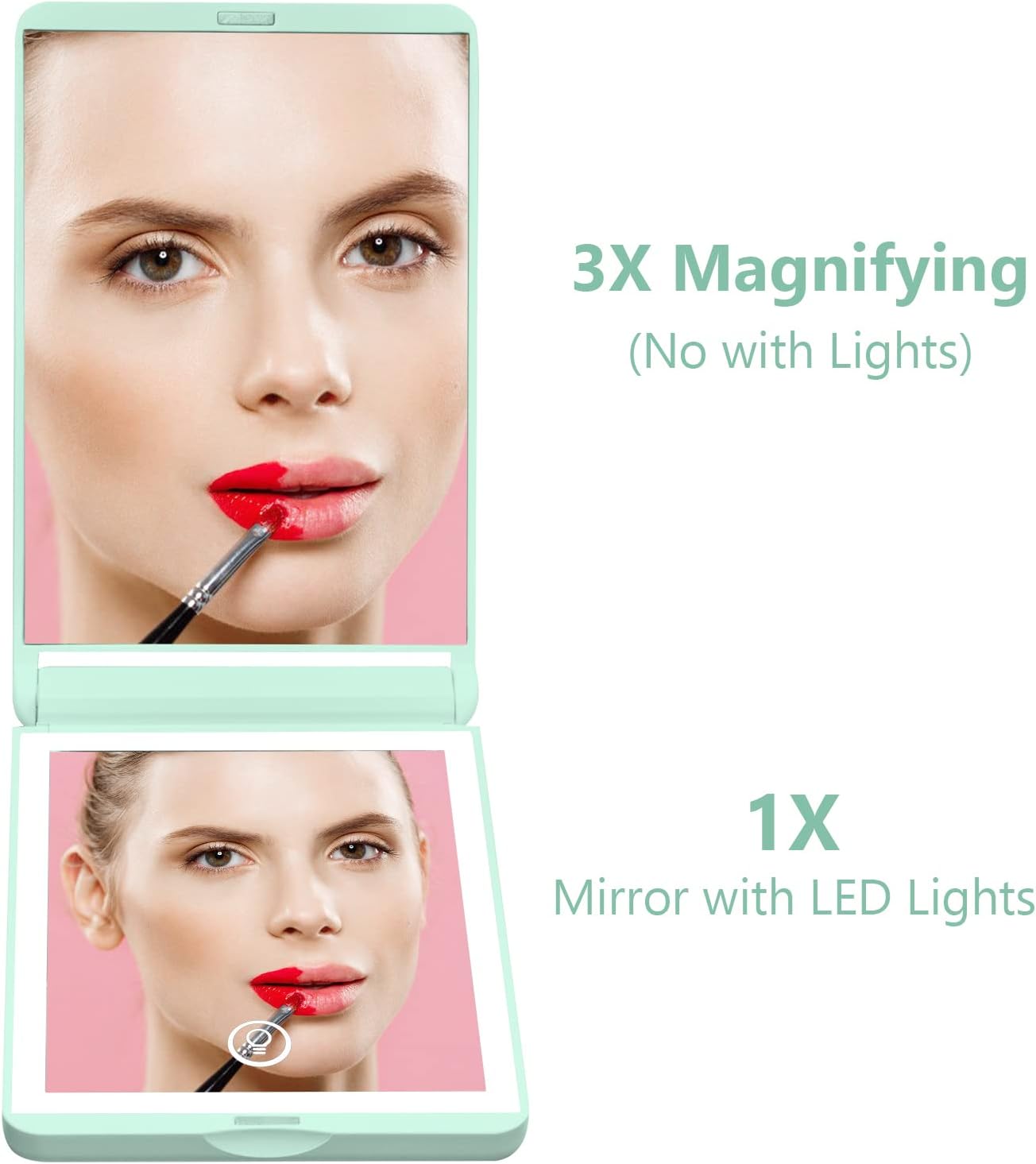 WOBSION Lighted Compact Mirror, Rechargeable Travel Makeup Mirror with Light,1x/3x Magnifying,300°Flip Folding Portable Mirror,Dimmable,Gifts for Girls