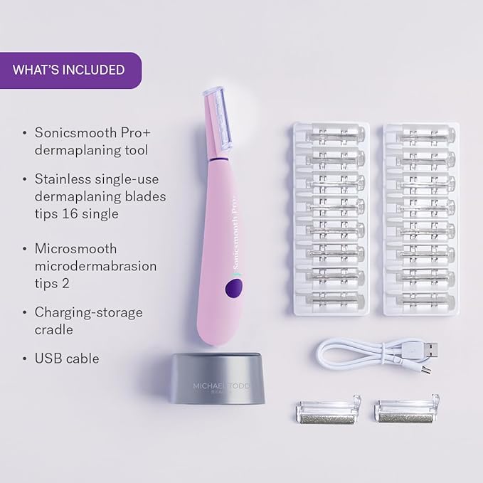 Michael Todd Beauty Sonicsmooth Pro+ Dermaplane Razor for Women Face + Eyebrow trimmer Dermaplaning System w/LED Light Peach Fuzz Remover -16 Dermaplaning Blades & 2 Microsmooth Exfoliation Tips