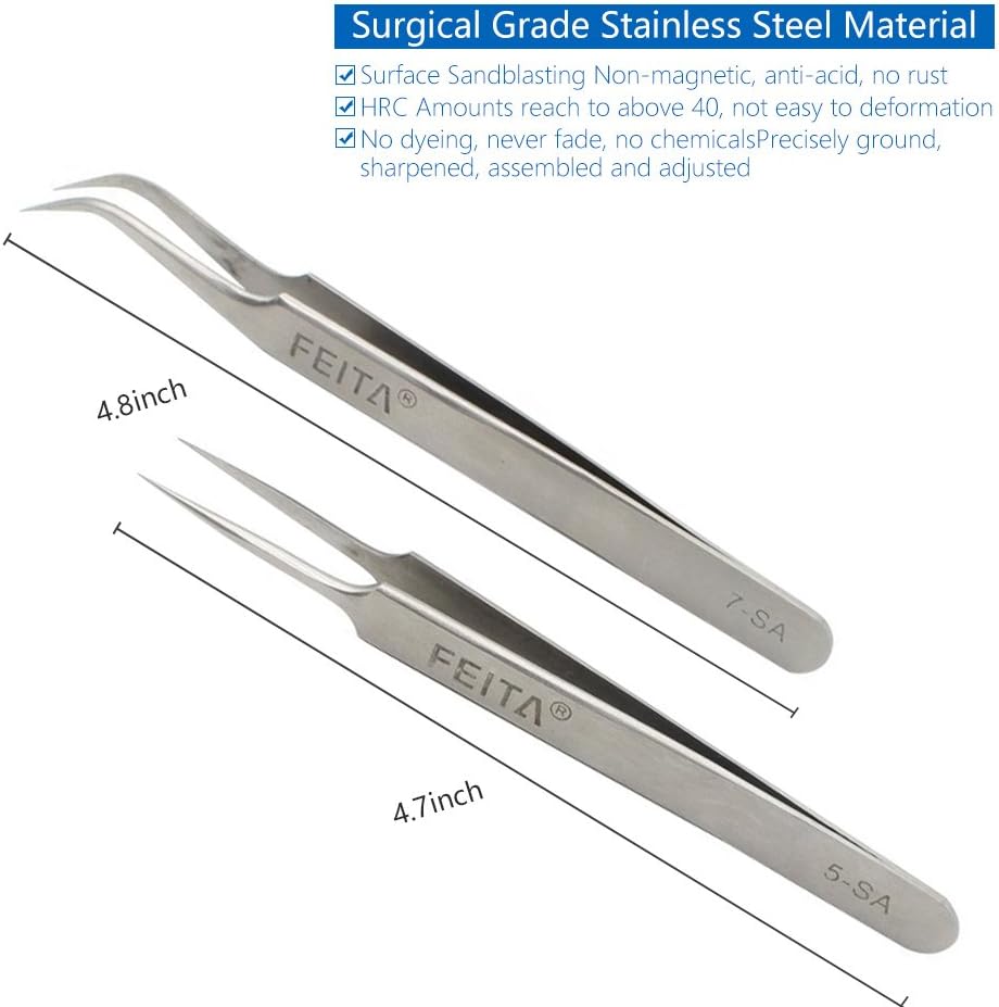 FEITA Precision Eyelash Extension Tweezers Set - Professional Straight & Curved Pointed Very Fine Tip Tweezers for Lash Extensions - Silver - 2Pcs