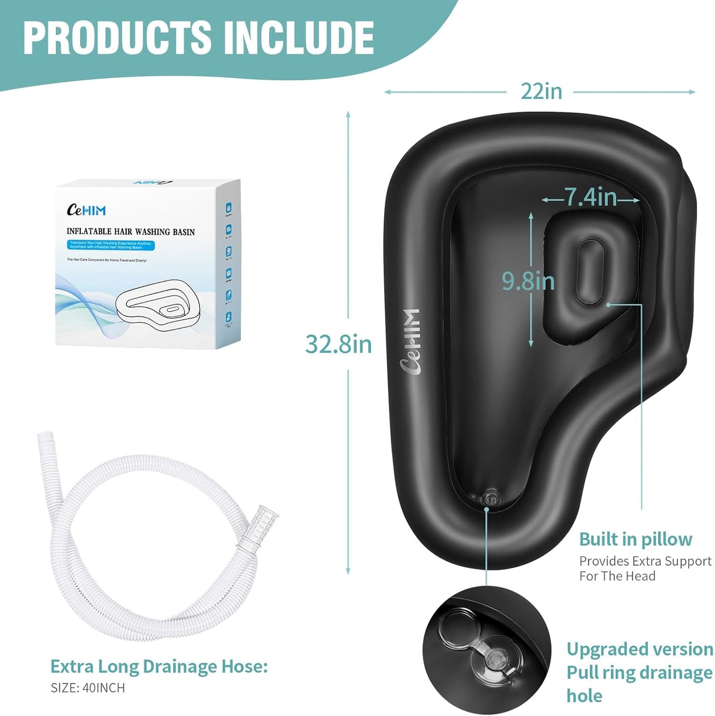 Portable Inflatable Shampoo Basin for Bedridden and Kids - Hair Washing Tray for Sink at Home with Fast-Drain Slope, Neck Support and Drain Hose - Hospital PVC Hair Washing Station (Black, Large)