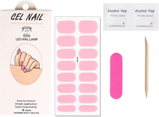 Pink Semi Cured Gel Nail Strips Stickers 16Pcs Real Gel Polish Strips Decals Solid Color Self Adhesive Long Lasting Nail Stickers for Women DIY Manicure Tips Party Nails Decoration 1 Sheets