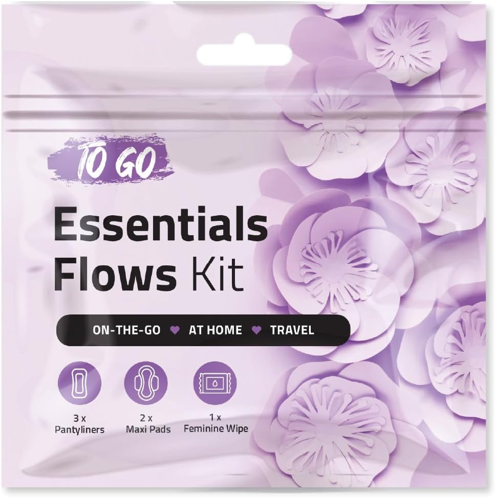 Essential Flows Kit – 3 Pantiliners, 2 Maxi Pads & 1 Feminine Wipe in Compact Zip Bag – Thin, Light, and Travel-Ready for Women & Girls – Single Pack (Purple)