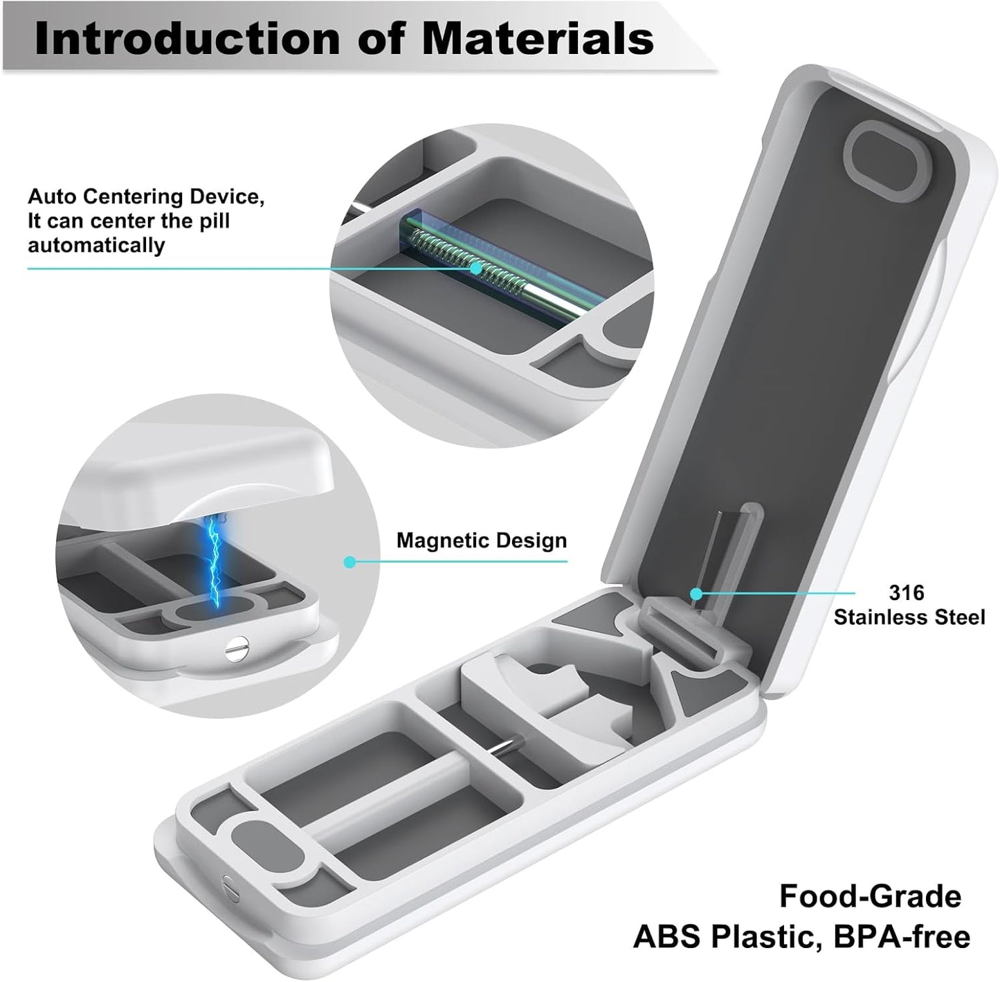 Pill Cutter with Auto Centering Device, Aluminum Pill Splitter with 316L Stainless Blade, Genuine Leather Case, Professional Pill Splitter for Cutting Small Pills or Large Pills(Plastic,White)