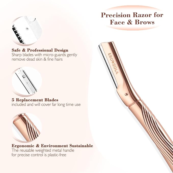 Dermaplaning Tool for Face, Eyebrow Razor for Women and Men, Eyebrow Trimmer and Facial Shaver Dermaplane Razor for Peach Fuzz Hair and Exfoliation, Includes 6 Blades (Rose Gold)