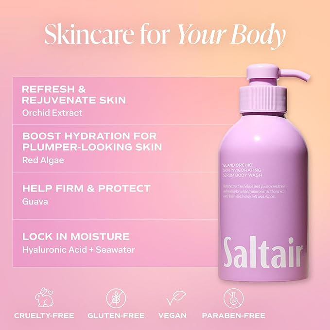 Saltair Body Wash, Island Orchid 2-Pack. Moisturizing Body Cleanser with Monoi Oil and Cupuacu Butter. Luxury Shower Gel for Women and Men. Vegan, Cruelty-Free, Paraben-Free. 2x 17oz Pump Bottles
